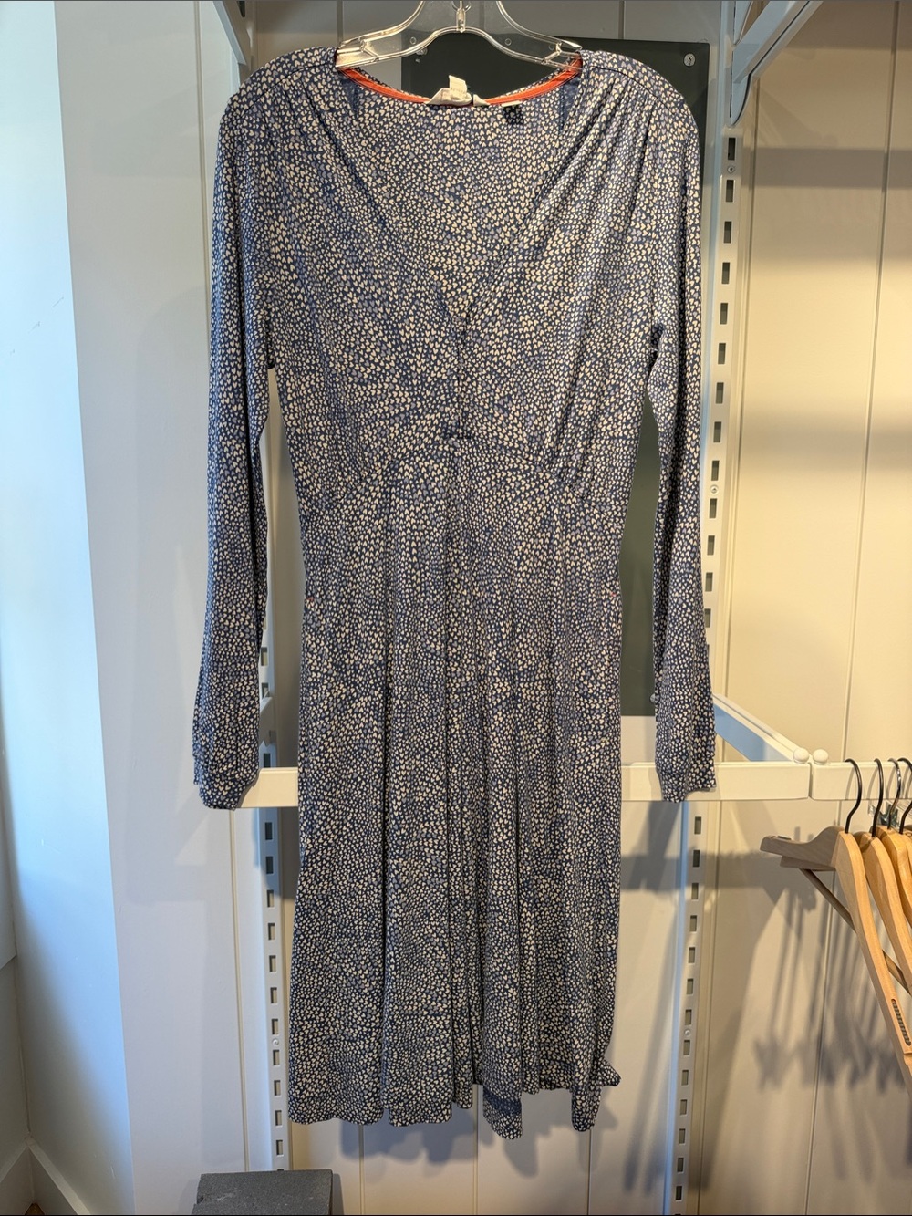 Blue Long-Sleeve Printed Midi Dress with Subtle Dot Pattern
